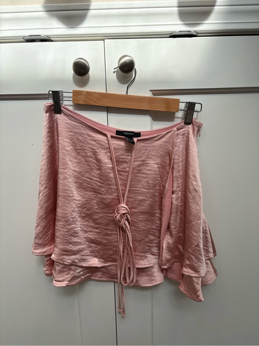 Pink Satin Tiered Mini Skirt with Front Tie